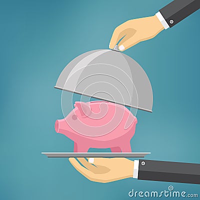 The businessman offering piggybank on the clothe. Vector Illustration