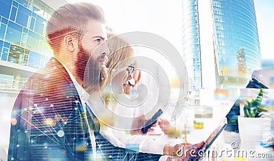 Businessman in office connected to internet network. concept of startup company. double exposure Stock Photo