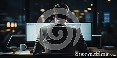 Businessman in an office with his back turned to a modern computer striking a pose suggesting he is rejecting the computer's Stock Photo