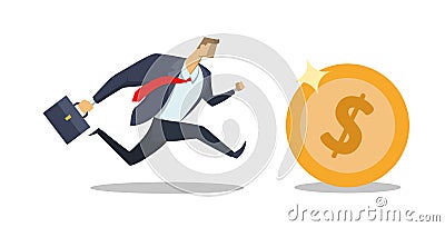 Businessman in office suit running after big shiny dollar coin. Race for success. Hurry up. Making money. Concept flat Vector Illustration