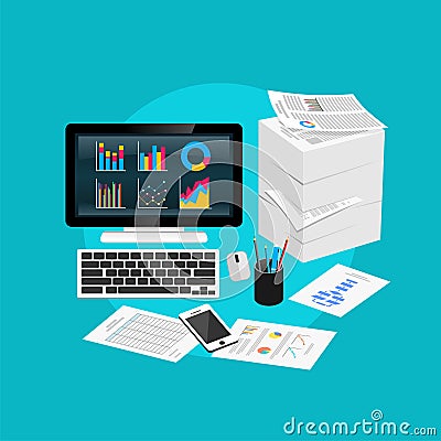 Businessman office work place with a stack of paper reports Vector Illustration