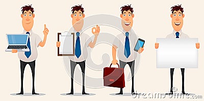 Businessman, office worker. Cartoon character. Set of four variations of creative young man. Vector Illustration