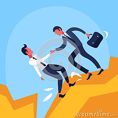 Businessman office worker giving colleague helping hand get out abyss financial crisis cartoon character flat Vector Illustration