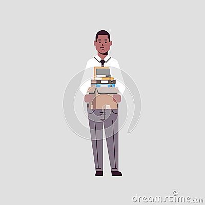 Businessman office worker holding box with stuff things new job business concept african american male cartoon character Vector Illustration