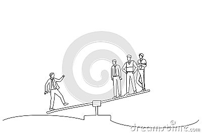 businessman on one side of weighing scale is heavier than many executives the other side. Single continuous line art Vector Illustration