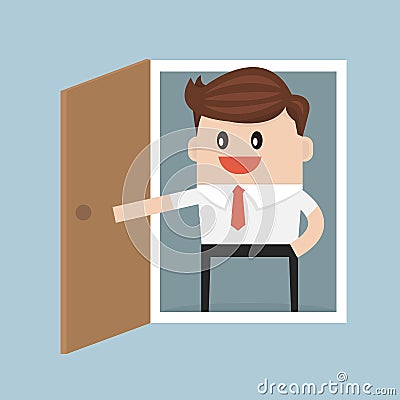 Businessman open the door, vector illustion flat design style. Vector Illustration