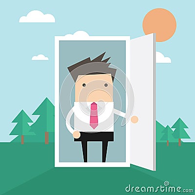 Businessman open the door from office to nature Vector Illustration