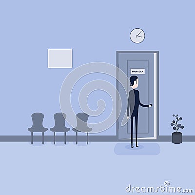 Businessman opening the door of manager room.Businessman searching for job.Man standing candidate office room doors.New employee Vector Illustration