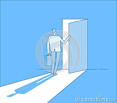 Businessman opens access. Secret door opportunity, accessible entering. Risk solution and leadership business vector Vector Illustration