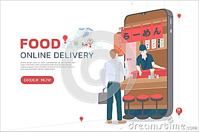 Businessman order food form mobilephone delivery service by one click , translation japanese text: ramen, chef waiting and Vector Illustration