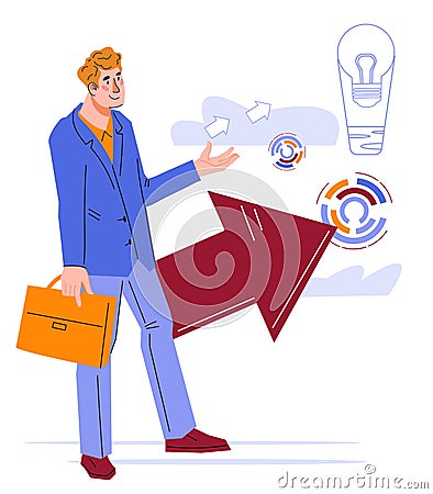 Businessman outlines future business plans, has a vision to achieve the success. Vector Illustration