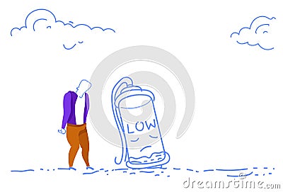 Businessman overloaded tired overworked low battery energy hardworking process horizontal sketch doodle Vector Illustration