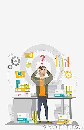 Businessman overloaded with work with papers. Vector Illustration