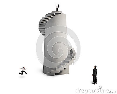 Businessman oversee men with concrete spiral staircase tower Stock Photo