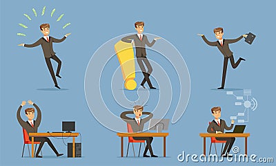 Businessman Overwhelmed With Work In Office Or Showing His Achievements Vector Illustration Set Isolated On Blue Vector Illustration