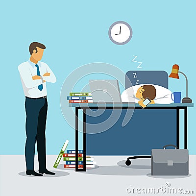 Businessman overworked sleeping front of computer on desk with paper document folder stack at workplace. Tired office worker, Vector Illustration
