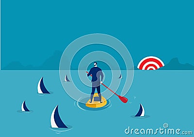 Businessman paddle boarding in the suit with island surrounded by sharks. vector Vector Illustration