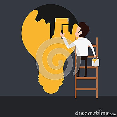 Businessman painting dark light bulb . Vector Illustration