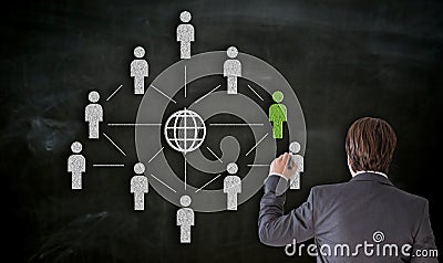 Businessman paints with chalk network concept on blackboard Stock Photo