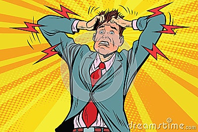 Businessman panic head hand, illness and medicine Vector Illustration