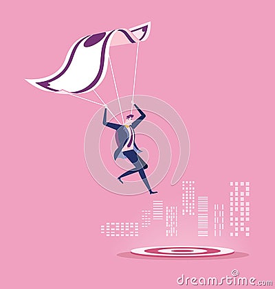Businessman with parachute landing on the target. Business success concept Vector Illustration
