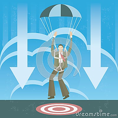 Businessman in parachute landing on the target Vector Illustration