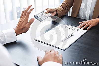 Businessman partner hand gesture rejecting refusing money, anticorruption concept Stock Photo