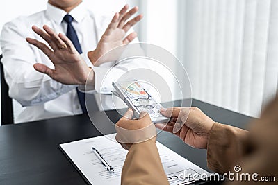 Businessman partner hand gesture rejecting refusing money, anticorruption concept Stock Photo