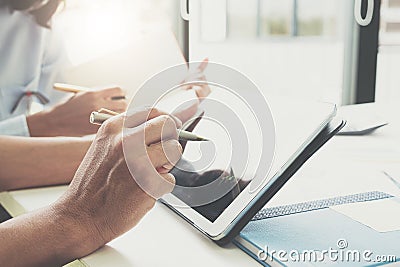 Businessman and partner hand using digital tablet and making presentation business strategy Stock Photo