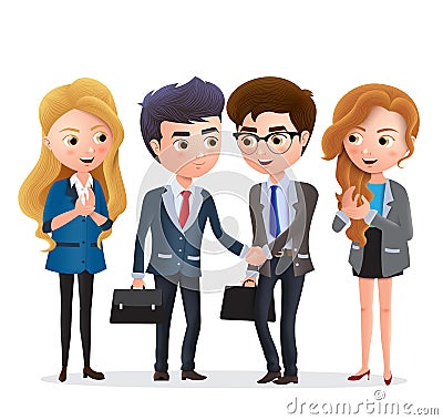 Businessman partnership vector characters. Business partner character with deal agreement and handshake. Vector Illustration