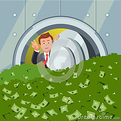 Businessman peeking through bank vault door Vector Illustration