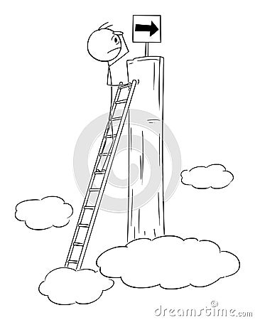 Person or Businessman Climbing on the Top, But Success is Elsewhere, Vector Cartoon Stick Figure Illustration Vector Illustration