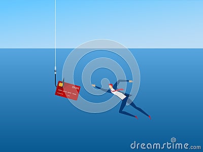 Businessman and phishing hook credit card. Thief Hacker steal your data credit card and money. Dangerous finance situation. Vector Illustration