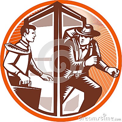 Businessman Phone Booth Adventurer Explorer Archaeologist Vector Illustration