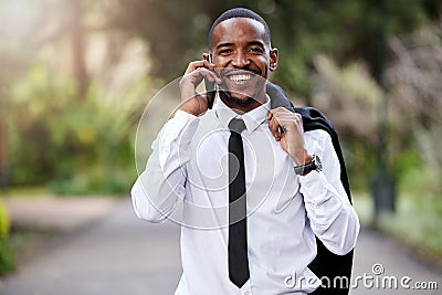 Businessman, phone call and portrait in city with talking, networking and conversation for smartphone. Male banker Stock Photo