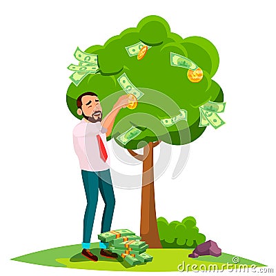Businessman Pick An Money From A Tree Instead Of Leaves Vector. Isolated Illustration Vector Illustration