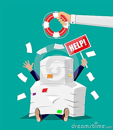 Businessman in pile of office papers Vector Illustration
