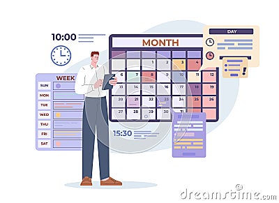 Businessman planning month. Scheduling work, executive and organized man manager planner. Business male and monthly Vector Illustration