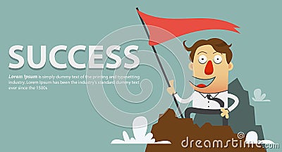 Businessman planting success flag on the top of the mountain summit. Vector Illustration