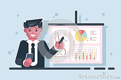 Businessman with pointer stick presentation chart Cartoon Illustration