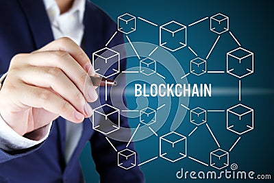 Businessman pointing at blockchain concept.Blockchain technology Stock Photo