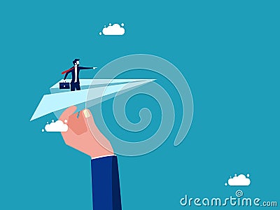 Businessman pointing a direction to a paper airplane. Help support the achievement of goals. business concept Vector Illustration