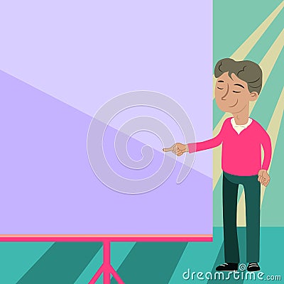 Businessman Pointing Finger Empty Drawboard Representing Planning Future Projects. Narrator Points Blank Board Vector Illustration