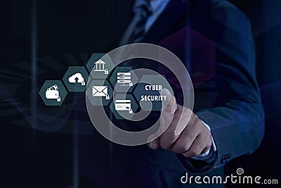Businessman pointing at icons related to server security on a digital interface on the virtual display. Cyber security data Stock Photo