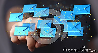 Businessman pointing to a 3D rendered hologram of blue envelope icons in cyberspace Stock Photo