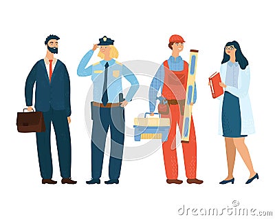 Businessman, police officer, engineer and scientist concept different profession vector illustration, isolated on white Vector Illustration