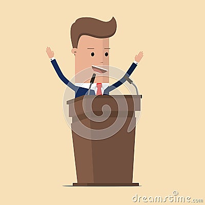 Businessman or politician in suit at tribune with microphones making a speech. Orator or narrator, spokesman or leader at debates Cartoon Illustration