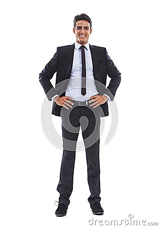 Businessman, portrait and happy in studio for corporate, business formal and confident for career work. Entrepreneur Stock Photo