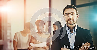 Businessman, portrait, and office, leader or management with pride, confident or arms crossed. Mature employer, boss and Stock Photo