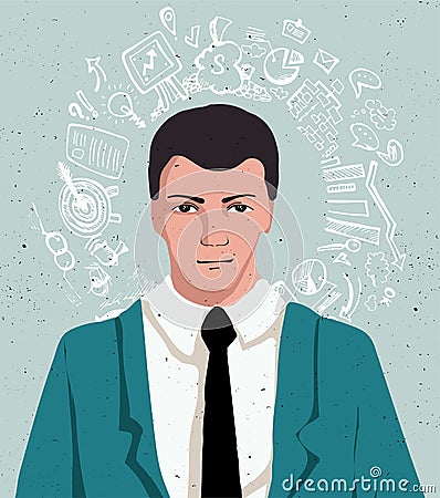 Businessman portrait - thinking man in suit with infographics Vector Illustration